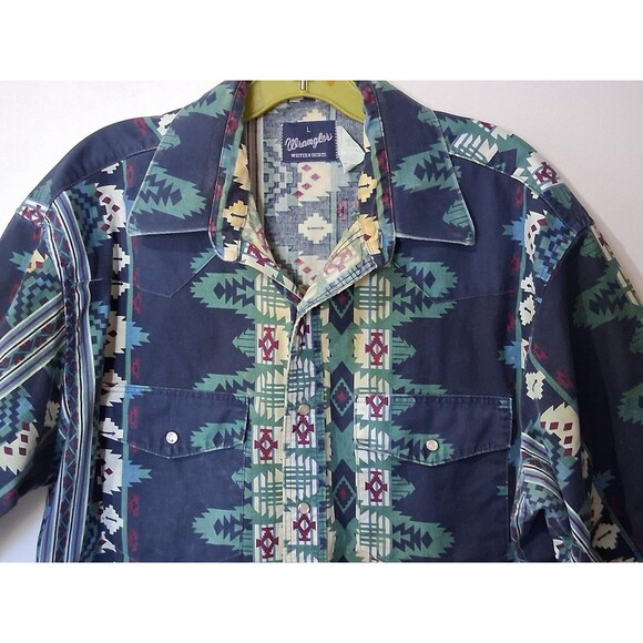 VINTAGE Wrangler Shirt Mens Large Southwestern Aztec Western Short Sleeve 90s - Picture 3 of 7